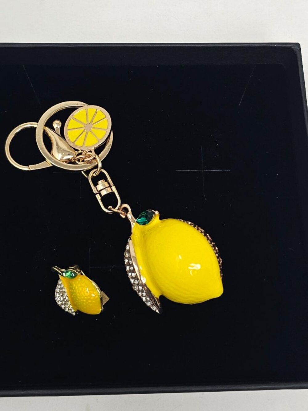Lemon Keychain + Matching Lemon Pin Set, Yellow Enamel Rhinestone Purse Charm - Picture 4 of 8
